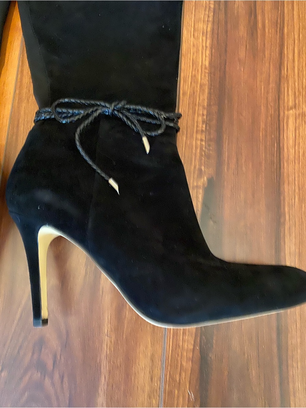White House Black Market Black Suede Stiletto Ankle Boots with Braided Tie